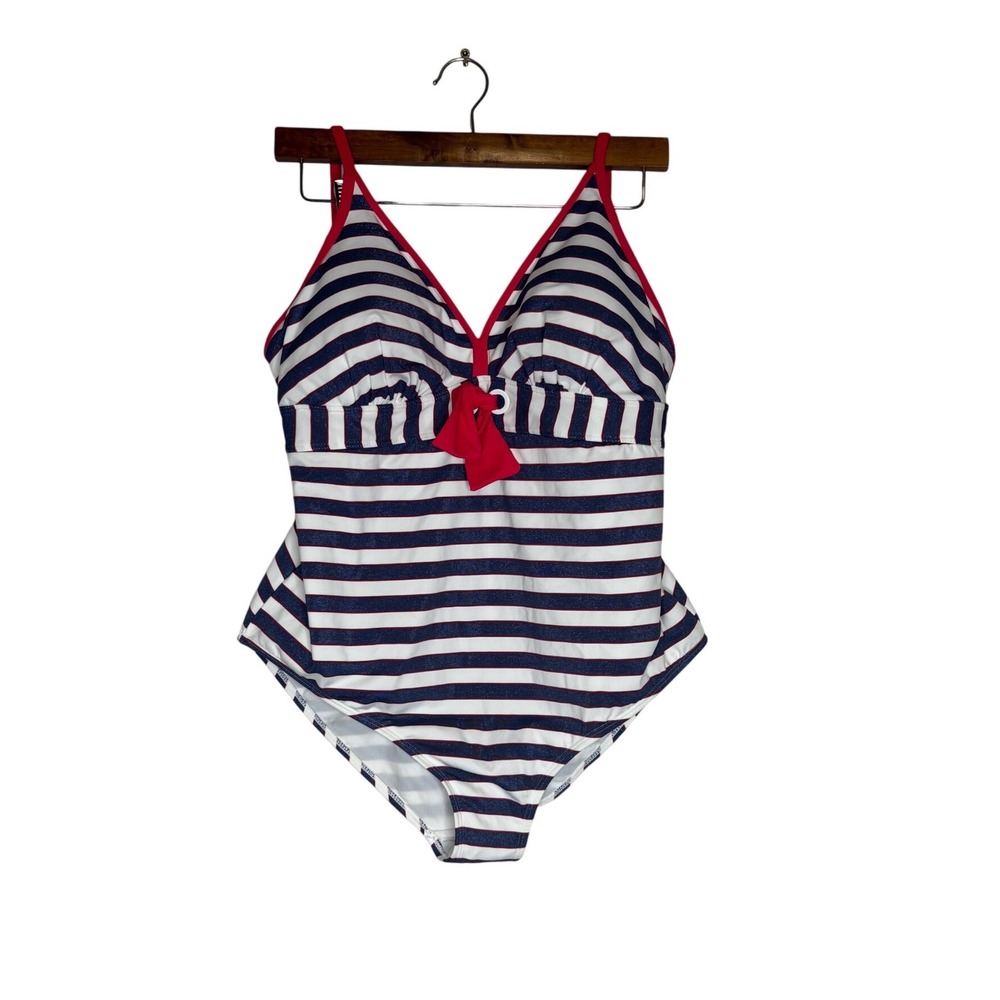 Maternety Pez D'Or‎ Striped One Piece Swimsuit Tummy Control Red Bow XL